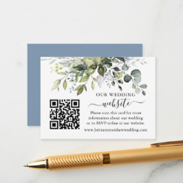 Cartão De Informações Watercolor Greenery Casamento Website QR Dusty Blu