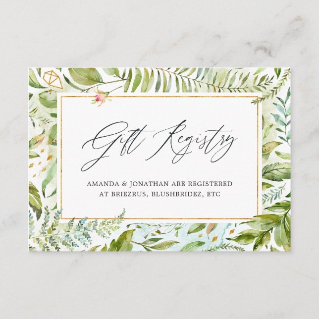 Cartão De Informações Watercolor Greenery Wedding Gift Registry (Frente)