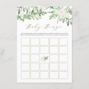 Cartão De Informações Watercolor Greenery White Flowers Baby Bingo Game