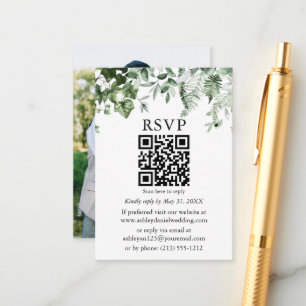 Cartão De Informações Watercolor Ivy Ferns Sage Foto Casamento QR RSVP