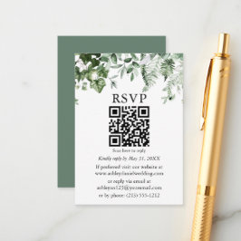 Cartão De Informações Watercolor Ivy Ferns Sage Green Wedding QR RSVP