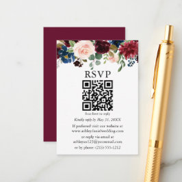 Cartão De Informações Watercolor Mistura Floral Burgundy QR RSVP