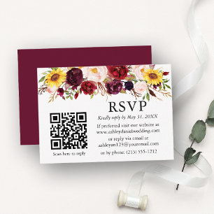 Cartão De Informações Watercolor Mistura Floral Burgundy QR Wedding RSVP