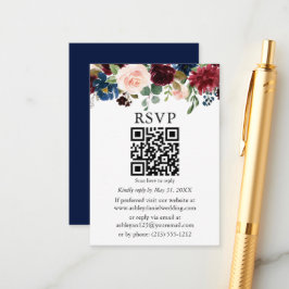 Cartão De Informações Watercolor Mistura Floral Casada Azul QR RSVP