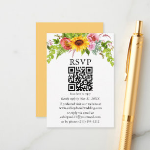 Cartão De Informações Watercolor Sunflower Floral Casamento QR RSVP Amar