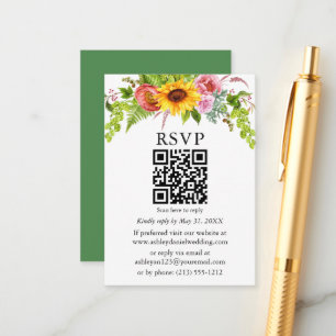 Cartão De Informações Watercolor Sunflower Floral Wedding QR RSVP Green