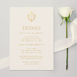 Cartão De Informações Wedding Details Monogram Crest Vintage Gold Ivory