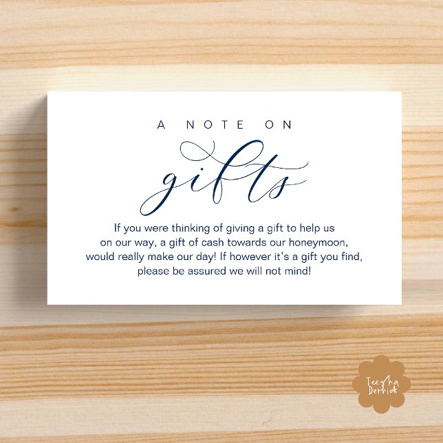 Cartão De Informações Wedding Honeymoon Fund, A Note on Gifts (Wedding Honeymoon Fund, A Note on Gifts, Wish, Cash, Modern Minimal Enclosure Card in Navy Blue)
