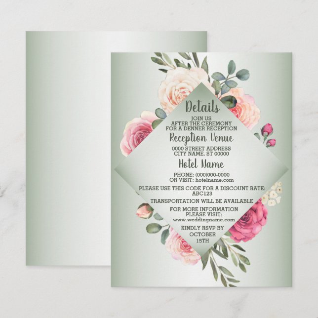 Cartão De Informações Wedding Pink Peach Floral Rustic Green Detail (Frente/Verso)