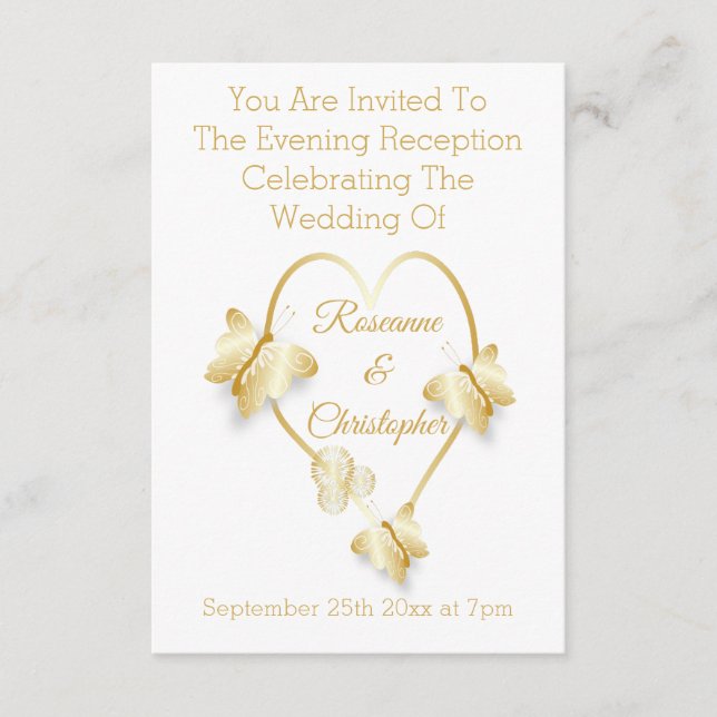 Cartão De Informações Wedding Reception Gold Coloured Heart Butterfly (Frente)