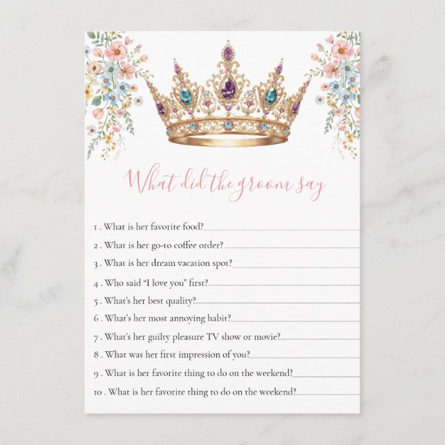 Cartão De Informações What Did the Groom Say queen Bridal Shower Game (Frente)