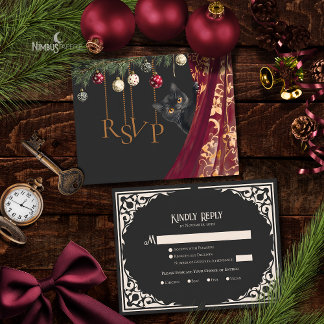 Cartão De Informações Whimsical Gothic Black Cat Holiday Party RSVP Card
