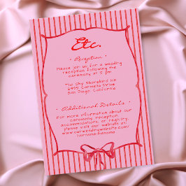 Cartão De Informações Whimsical Red Pink Watercolor Bow Stripe Wedding