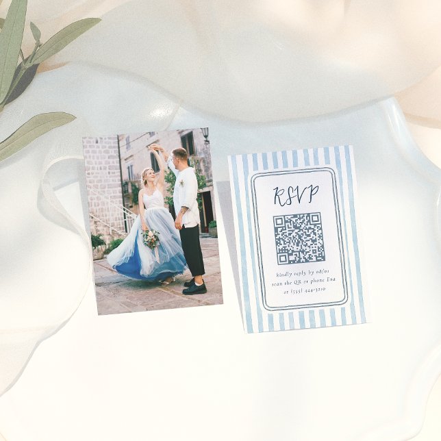 Cartão De Informações Whimsical Retro Blue Stripes Wedding RSVP  (Criador carregado)