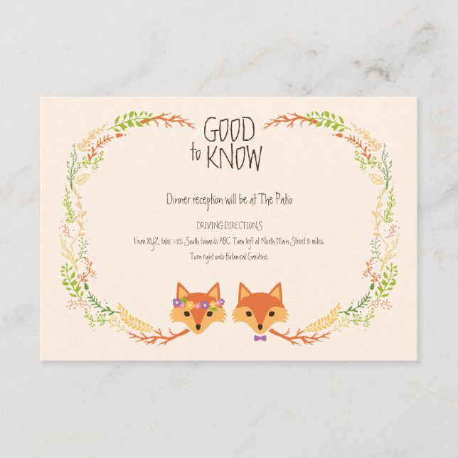Cartão De Informações Whimsical Woodland Foxes Ivory Wedinfo Card (Frente)