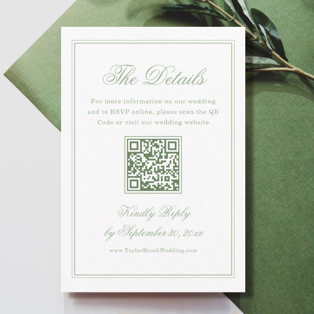 Cartão De Informações White and Sage Green Wedding Details Qr Code (Criador carregado)