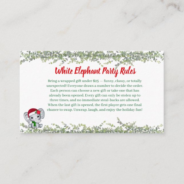 Cartão De Informações White Elephant Party Rules Card | Funny & Elegant  (Frente)
