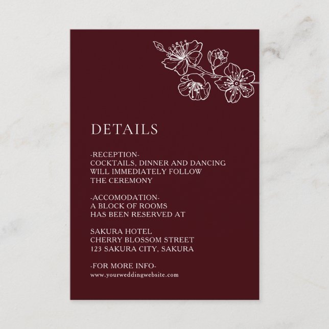 Cartão De Informações White Floral Line Art Burgundy Wedding (Frente)