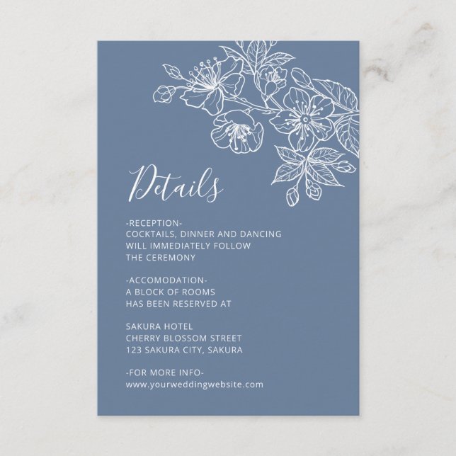 Cartão De Informações White Floral Line Art Dusty Blue Wedding (Frente)