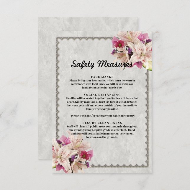 Cartão De Informações White Lily Floral Marble Safety Measures (Frente/Verso)