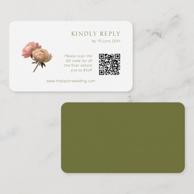 Cartão De Informações White & Olive | Chic Rose Wedding RSVP QR Code  (Frente/Verso)