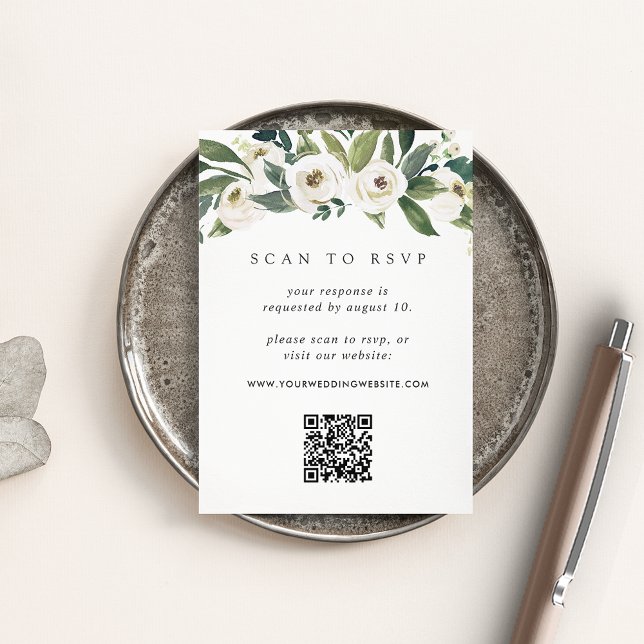 Cartão De Informações White Peony | RSVP de Casamento de Código QR Flora (Criador carregado)