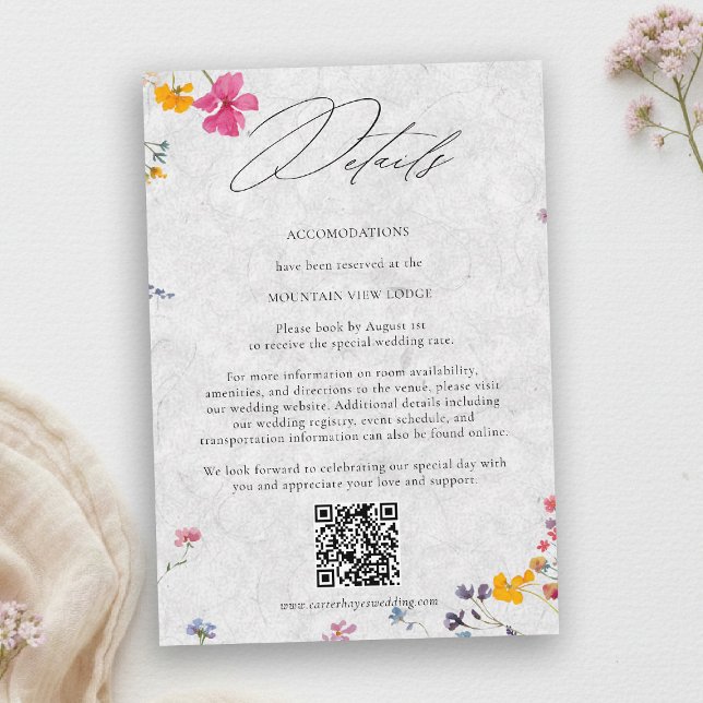 Cartão De Informações Wildflower Ivory Elegant QR Code Wedding Details (wildflower wedding details qr watercolor garden backyard barn summer spring elegant ivory)