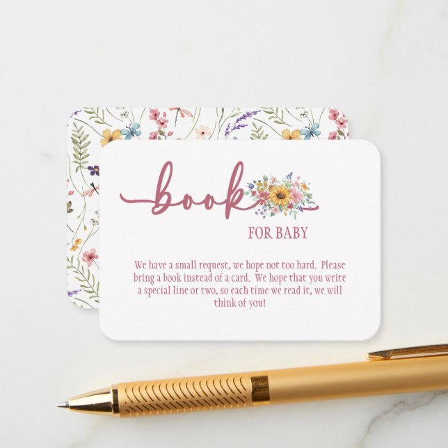 Cartão De Informações Wildflower Rose Baby Shower Book for Baby Card (Frente/Verso In Situ)