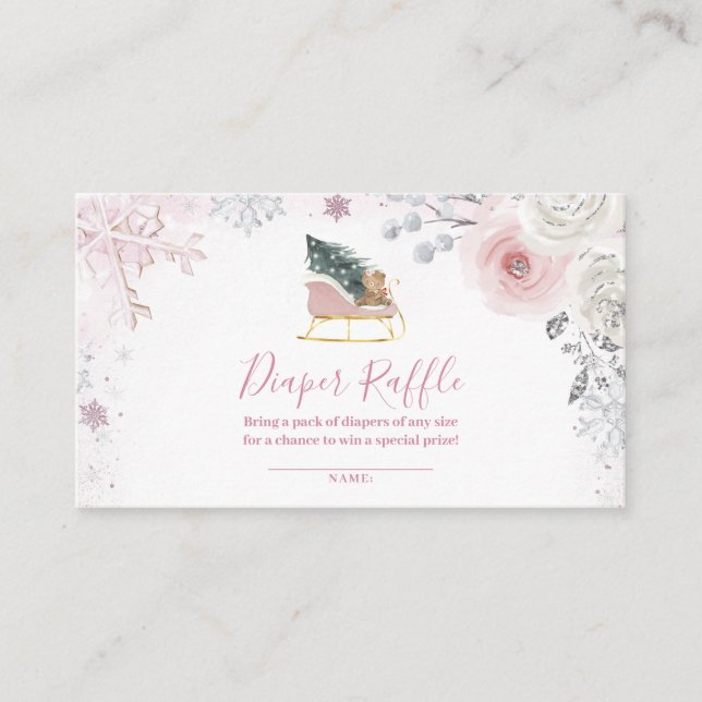 Cartão De Informações Winter Pastel Pink Snowflake Sleigh Diaper Raffle (Frente)