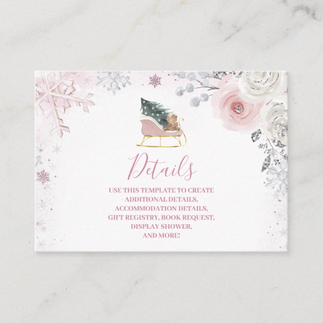 Cartão De Informações Winter Pink Snowflake Sleigh Baby Shower Details (Frente)