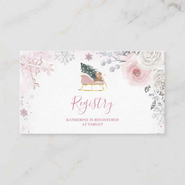 Cartão De Informações Winter Pink Snowflake Sleigh Baby Shower Registry (Frente)