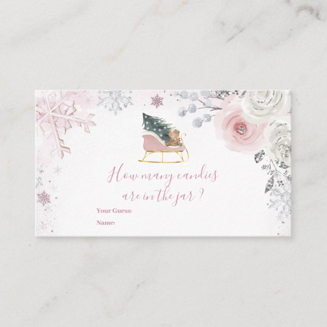 Cartão De Informações Winter Pink Snowflake Sleigh How Many Candies (Frente)