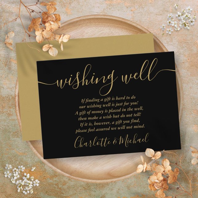 Cartão De Informações Wishing Bem Preto E Dourado Casamento De Script (Wishing Well Black And Gold Script Wedding Enclosure Card)