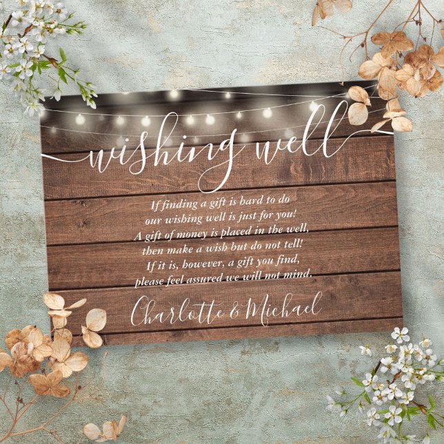 Cartão De Informações Wishing Bem Rustic Wood String Lights Casamento (Wishing Well Rustic Wood String Lights Wedding Enclosure Card)