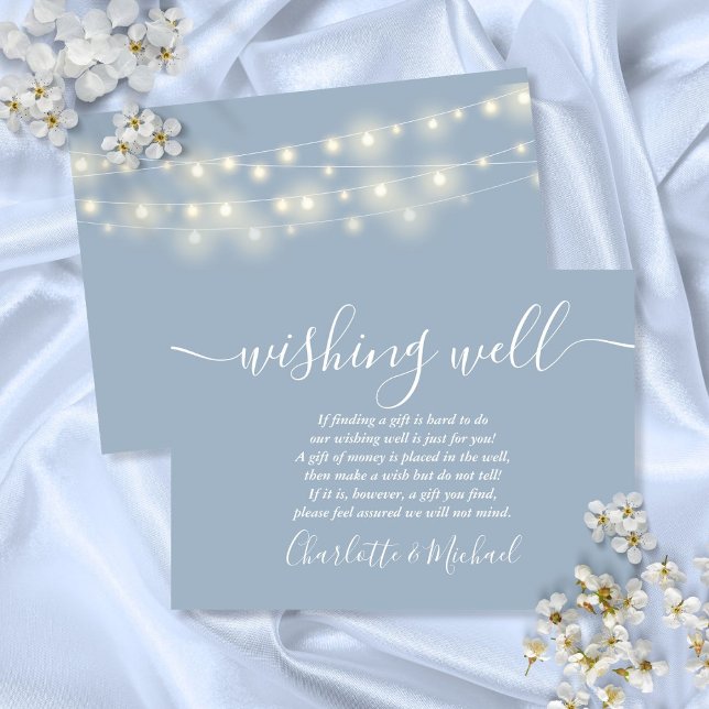 Cartão De Informações Wishing Bem String Luzes Azul Dusty Casamento (Wishing Well String Lights Dusty Blue Wedding Enclosure Card)