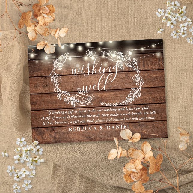 Cartão De Informações Wishing Bem String Luzes Rustic Wood Casamento (Wishing Well String Lights Rustic Wood Wedding Enclosure Card)