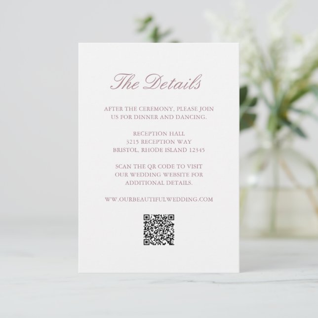 Cartão De Informações Wreath Mauve Monograma Código QR Casamento Legante (Em pé/Frente)