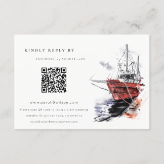 Cartão De Informações Yacht Sailboat Watercolor Casamento QR Code RSVP