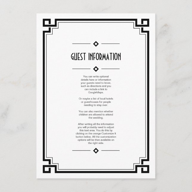 Cartão de Inserção de Casamento Branco Deco de Art (Frente)