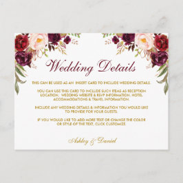 Cartão de Inserção de Detalhes do Casamento Floral