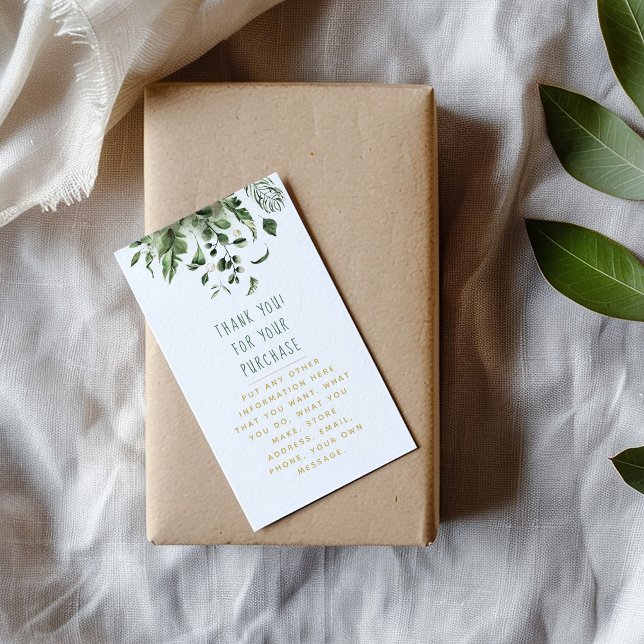 Cartão de inserção de folhas e plantas para pedido (Leafs and plants with thank you message in green and gold enclosure card.)