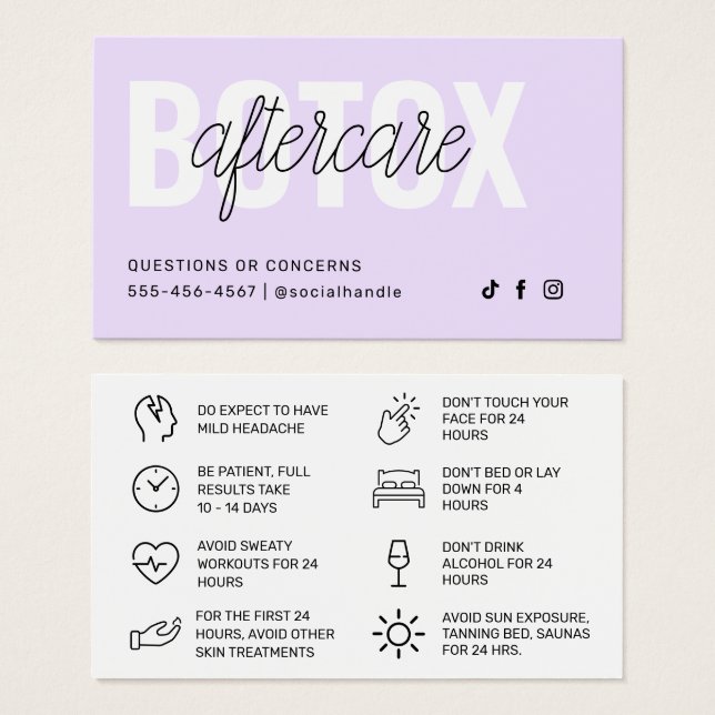 Cartão de Instrução Pós-Cuidados com Encher Botox (Frente & Verso)