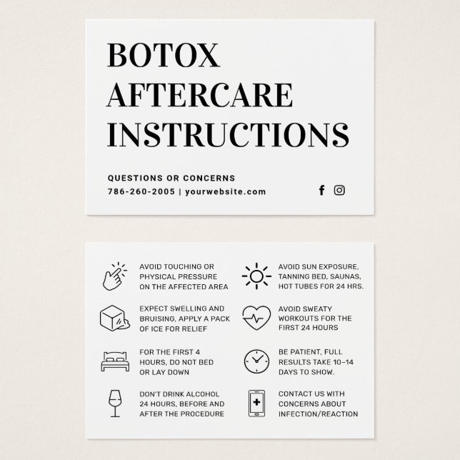 Cartão de Instrução Pós-Cuidados de Injeção Botox (Frente & Verso)