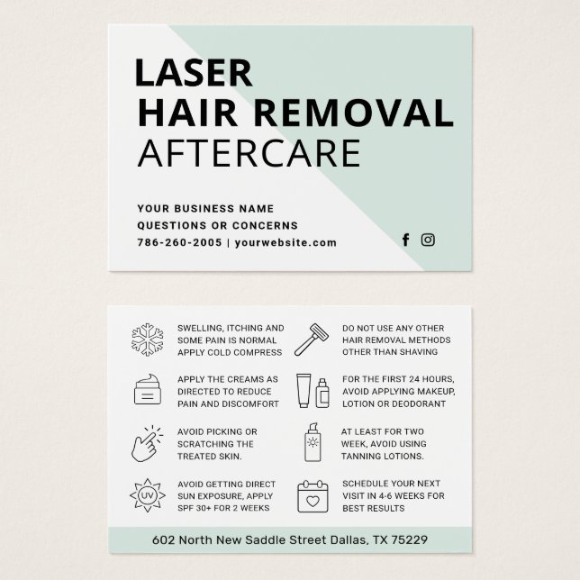 Cartão de instruções para remoção de cabelo laser  (Frente & Verso)