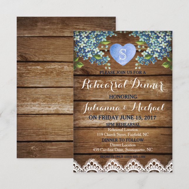 Cartão de Janto Russo Azul Hydrangea & Lace (Frente/Verso)