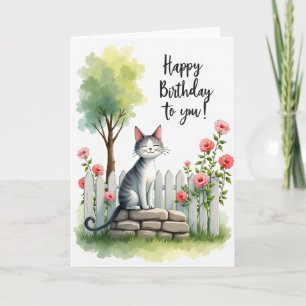 Cartão de Jardim Feliz Aniversário com Gato