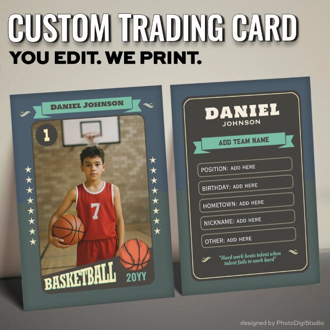 Cartão de Jogador Personalizado para Placa Comerci (Custom Basketball Trading Card, Teal Retro Player Card)