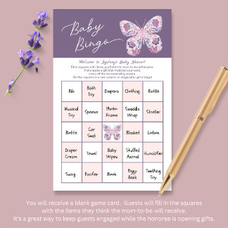 Cartão de Jogo Bingo De Borboleta Púrpura Rosa