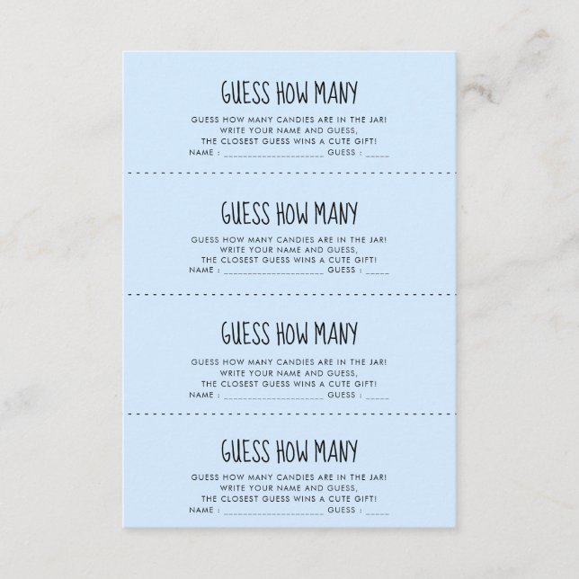 Cartão de jogo de adivinhação para chá de bebê azu (Frente)