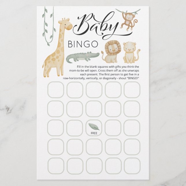 Cartão de Jogo de Bingo de Bebê Chamada de Safari  (Frente)